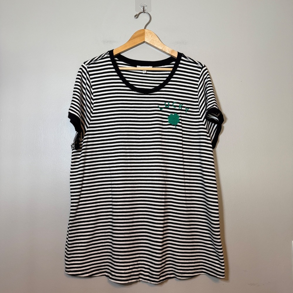Lucky Brand Womens 2X Black White Striped Metallic Lucky Clover Ringer Tee Shirt